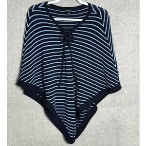 Talbots Sz S Striped Poncho Sweater Lace Up Tie Front Navy Blue nautical comfort